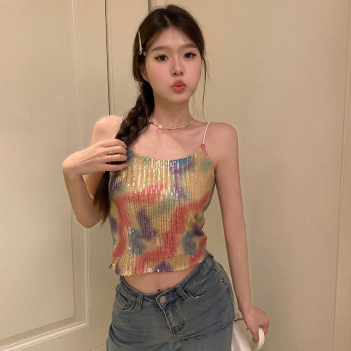 shenghao-เสื้อกล้ามผู้หญิงเซ็กซี่แขนกุดเข้ารูปปักเลื่อมสีสันสดใสแฟชั่นฤดูร้อน