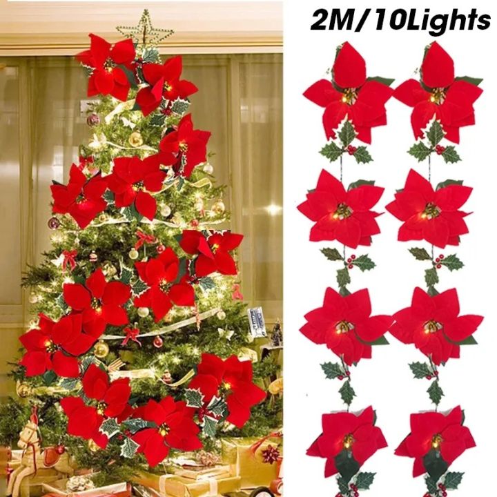 2เมตร-เซ็ต10led-ดอกไม้คริสต์มาสเทียมหวายหรีดคริสต์มาสดอก-poinsettia-ดอกไม้ไหมเทียมต้นไม้สายไฟตกแต่งคริสต์มาสประดับตกแต่งบ้าน