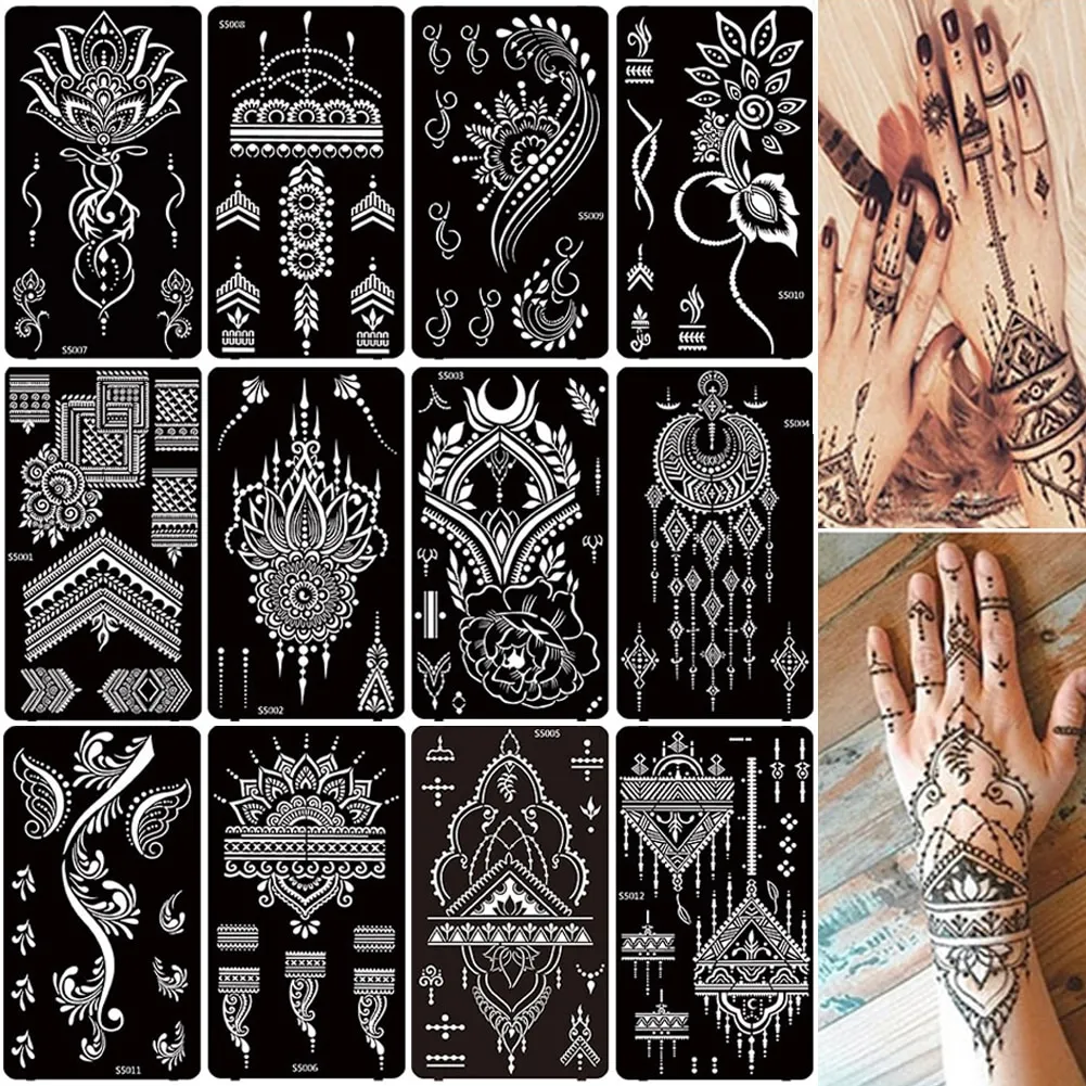 12 Tấm Henna Stencil hình xăm tạm thời Sticker Airbrush Ấn Độ Hoa ...
