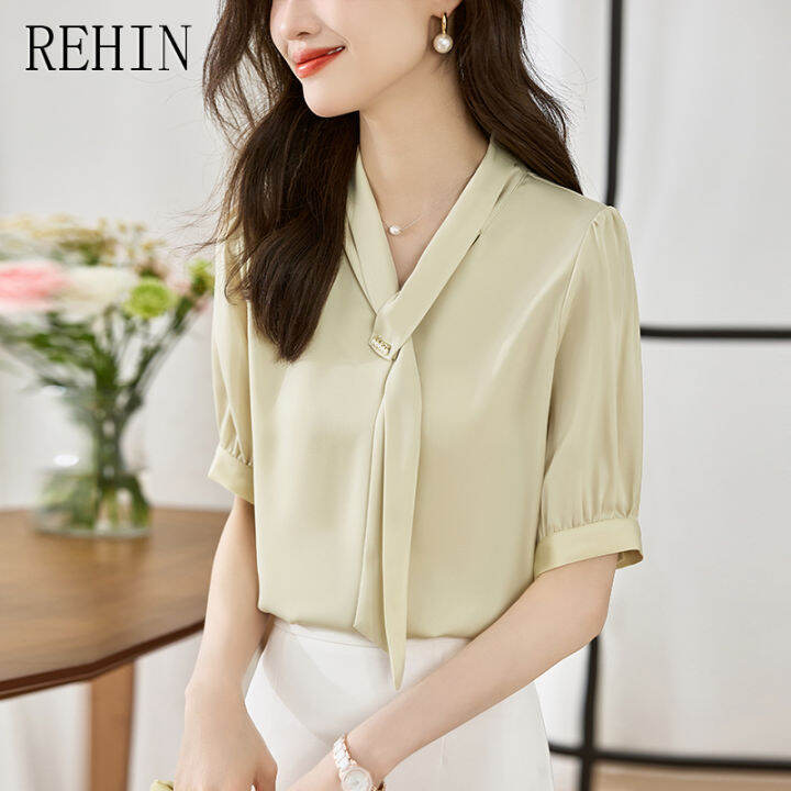 rehin-เสื้อแฟชั่นสไตล์เกาหลีแบบใหม่คอวีสำหรับผู้หญิง-สีทึบลำลองคอวีผูกโบว์ใส่ได้หลายโอกาสเสื้อเชิ้ตแขนสั้น