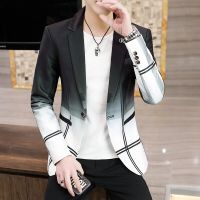 ZZOOI Small Suit Men Leisure Korean Version Slim Handsome Gradient Color Lattice Barber Night Suit Mens Coat Trend