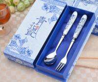 2pcs/box Dinnerware Set Cutlery Stainless Steel 2 in1 Travel  Chinese gift for world blue-white Tableware Flatware Sets