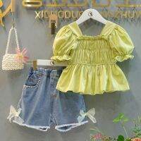 Girls 2023 summer latest fashionable network red female baby ruffle high-waisted denim shorts suit with short sleeves