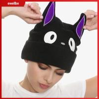 EWELLBE การ์ตูนลายการ์ตูน หมวกแมวดำ ฤดูหนาวที่อบอุ่น อะนิเมะ หมวกถักหมวก ของใหม่ นุ่มอบอุ่น หมวกคอสเพลย์
