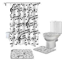 【CC】⊕  Tab Music Note Fabric Curtain Shower Curtains Set Anti-skid Rugs Toilet Lid Cover