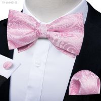 ✤♚◐ Adjustable Mens Bowties Paisley Bow Tie Pocket Square Cufflinks Sets Jacquard Pink Pre-tied Butterfly Knot for Wedding Business