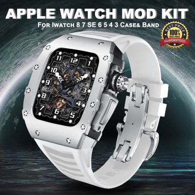 Luxury Aluminum Alloy Modification kit for Apple Watch 8 7 45mm Fluorine Rubber Strap Metal Case for iWatch 6 se 5 4 3 44mm Band Straps