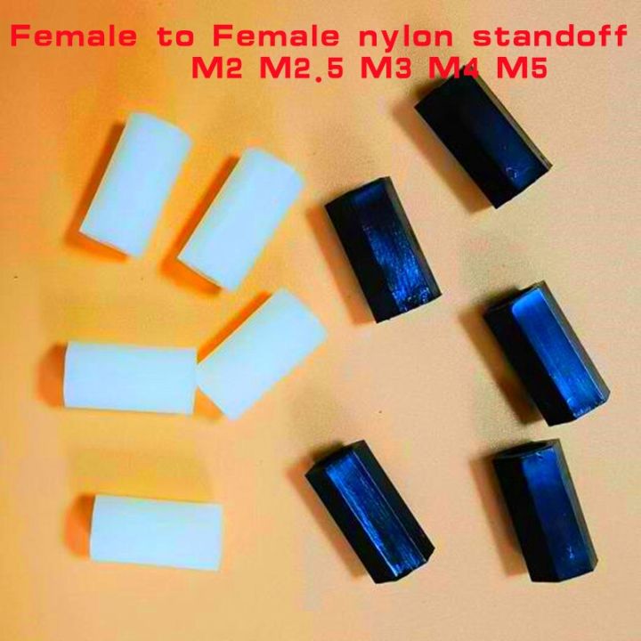 10-50pcs-female-to-female-nylon-standoff-m2-m2-5-m3-m4-m5-l-white-black-pcb-nylon-standoff-spacer-column-plastic-spacing-screws-nails-screws-fastener