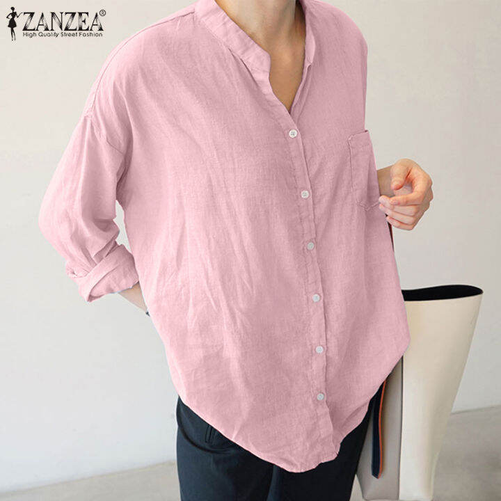 ZANZEA Women's Loose Cotton Solid Button Down Tops Vintage Long