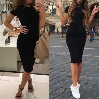 Short Sleeve Round Collar Slim Solid Color Casual Bodycon Dress