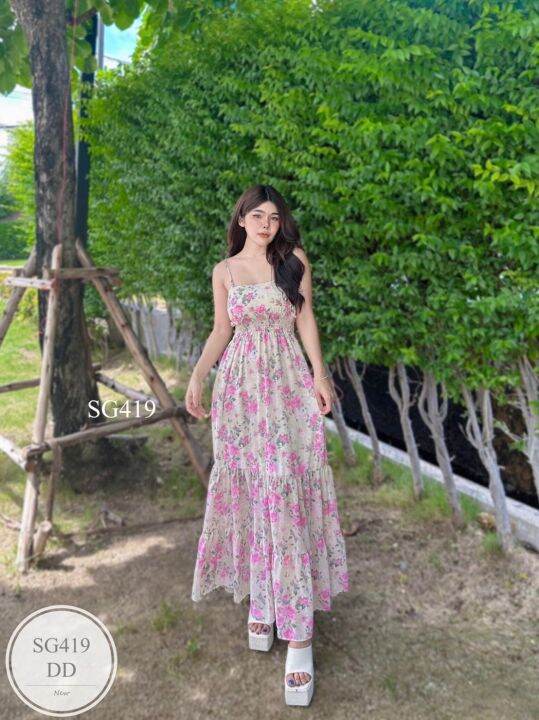 ml419-เดรสยาว-สายเดี่ยว-ปรับสายได้-ใส่ยางสม็อครอบเอว-ผ้าชีฟองเกาหลี-มีซับใน-สวยหวานมากค่ะ-freesize-bust-อก-32-36-waist-เอว-26-30-hip-สะโพก-38-52-length-ยาว-52-มีฟองน้ำ-have-bra-pad-ผ้าชีฟอง-chiffon-fa