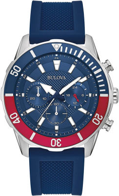 Bulova Mens Sport Chronograph Silicone Strap Watch Blue Strap/ Stainless Steel
