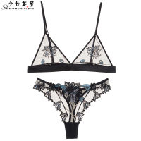 Girl Beauty House T-pants Set Sexy Bra Underwear Set Transparent Ultra-thin No Steel Ring French Bra Triangle Thong