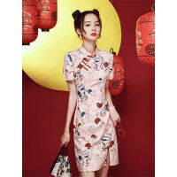 ปรับปรุง Cheongsam กี่เพ้าจีน ย่อหน้าสั้น สามารถสวมใส่ได้ทุกวัน ภาษาจีน เสื้อแขนสั้นเซ็กซี่ เน้นรูปร่างของคุณ