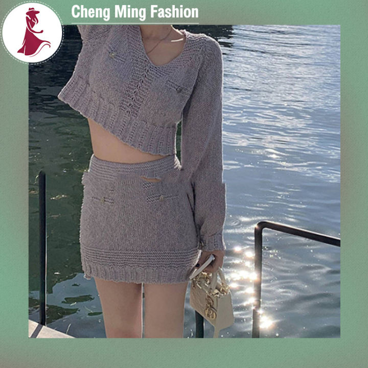ชุดกระโปรงสองชิ้นเข้ารูปเอวสูงเสื้อคอวีผู้หญิง2ชิ้นสูทแขนยาวเสื้อกันหนาวแบบถักจาก-cheng-ming