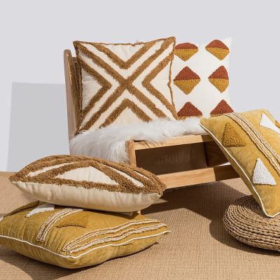 Nordic Yellow Brown Tufted Cushion Cover Triangle Tufted Embroidery Decorative Throw Pillow Cover Bedside Sofa Waist Pillowcase