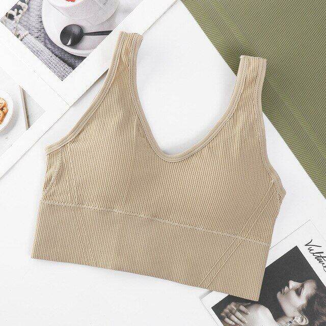 V Neck Fixed Chest Pad Bra Wireless Seamless Crop Top Women Sexy Basic
