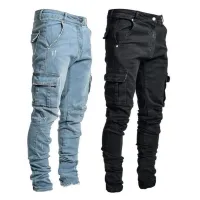 Summer Men Jeans Solid Color Multi Pockets Denim Mid Waist Stretchy Skinny Jeans Plus Size Fahsion Trousers Daily Wear