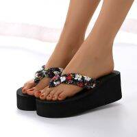 Summer Floral Printing Slippers Women Bohemian Satin Strap Platform Wedge Flip Flops Outdoor Thick Bottom Beach Shoes sandales