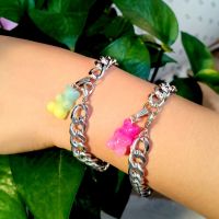 Ins Cartoon Rainbow Candy Color Gummy Bear Charm Bracelet for Women Gold Silver Color Cuban Link Chain Bracelets Trendy Jewelry