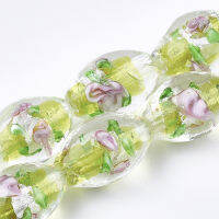 10pc Handmade Silver Foil Glass Lampwork Beads Oval with Flower Green Yellow 16~17x9~11mm Hole: 1.5~2mm