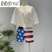 RYRYSTYLE เสื้อยืดแขนสั้นใหม่รุ่นเกาหลีคอกลมกลิ่นหอมขนาดเล็กบางกลวงออก Baju Rajutan กางเกงเลื่อมเลื่อม