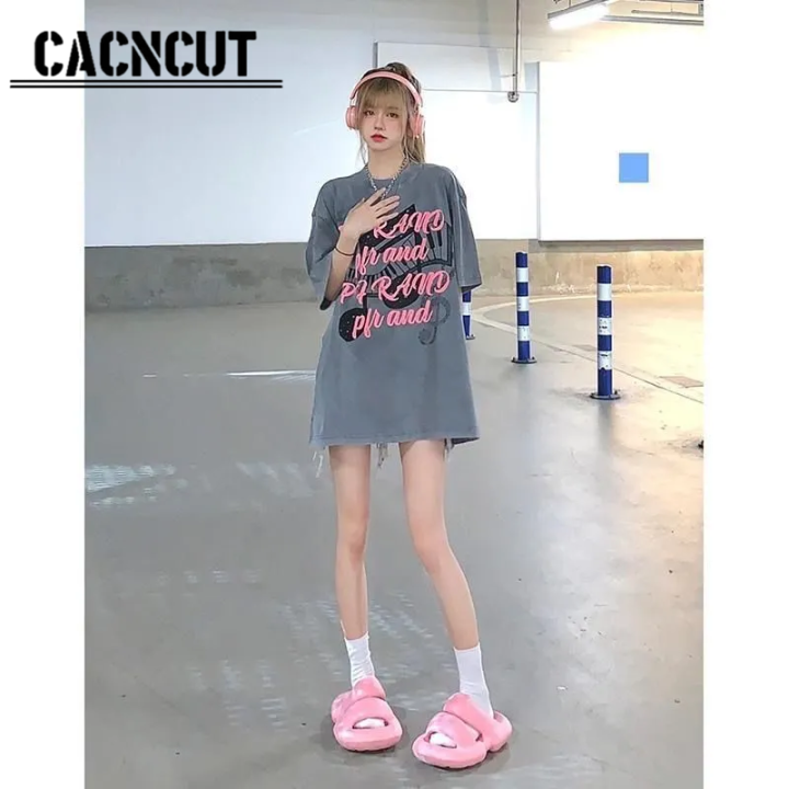 cacncut-เสื้อยืดแขนสั้นสำหรับผู้หญิง-เสื้อทรงหลวมสไตล์ยุโรปและอเมริกาสำหรับสตรีททรงหลวมอเมริกาแบบย้อนยุค