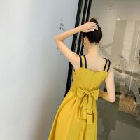 CODadoqkxDGE Yellow suspender skirt net red bandage waist dress womens summer mid-length irregular high-end dress