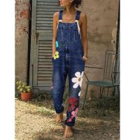 One Piece Denim Jumpsuit for Women Vintage Sleeveless Spaghetti Strap Floral Print Jeans Overalls Ladies Casual Jean Bodysuits