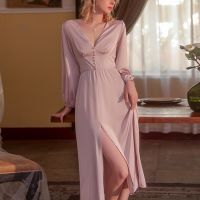 【 WYIN kitchen】 Female Nightgown Fashion Palace Style Princess Home Dress Long V Neck Nightdress Women Tunic Sleepwear Satin Pajama Sleepshirt