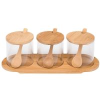 Condiment Containers with Lids, Seasoning Containers with Lidsand Spoons, Spice Containers with Bamboo Tray Glass