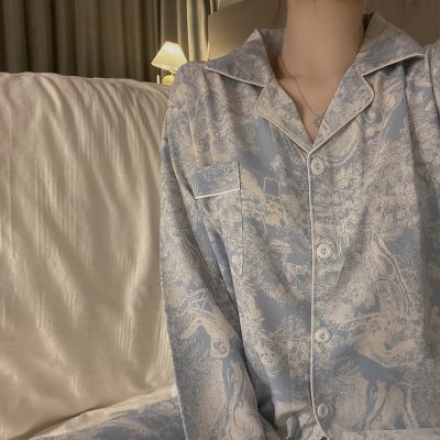 [Xiaoli clothing] ชุดนอนแขนยาวสำหรับผู้หญิง,ชุดนอนแขนยาว Pakaian Rumahan ชุดนอนพิมพ์ลายดอกไม้สำหรับฤดูใบไม้ร่วงฤดูใบไม้ผลิและฤดูใบไม้ผลิ