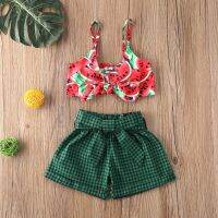 0-4 Years Summer Toddler Baby Girls Clothes Set Watermelon Print Vest Crop Tops Shirt with Plaid Short Pants Set Children Outfit  by Hs2023