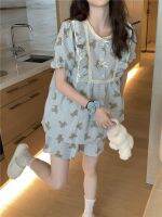 Summer Pajamas Women Sweet Bear Print Homewear Nightwear Korean Comfortable Girls Ruffles Female Leisure All-match Clothing