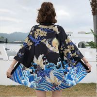 2023 Japanese Men And Women Black Kimono Cardigan Japanese Coat Obi Yukata Feather Weaving Japanese Wave Tent Clothing