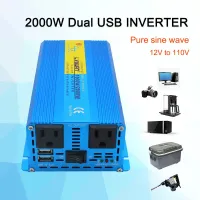 อินเวอร์เตอร์เพียวไซน์เวฟ1000W/2000W เต้าเสียบ US DC 12V/24V เป็น AC 220V 110V 50Hz/60Hz ตัวแปลงพลังงานแสงอาทิตย์ที่จุดบุหรี่รถยนต์