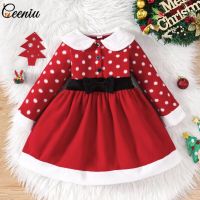 Ceeniu Kids Christmas Dresses For Girls White Dot Red Plush Party Dress Children New Year Costume Toddler Christmas Clothes