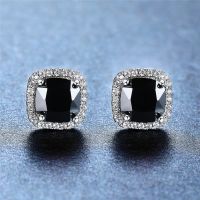 Cute Female Crystal Black Stone Earrings Charm Silver Color Stud Earrings Luxury Square Wedding Earrings For Women