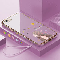 (คลังสินค้าพร้อม) เคสเคสมือถือสำหรับ iPhone 6 / iPhone 6S พร้อมฟรีสายคล้อง + การ์ตูนผีเสื้อหญิงสาวเคสขอบสี่เหลี่ยมชุบเคลือบฝาหลังนิ่ม