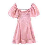 Retro Women Jacquard Leopard Pink Satin Mini Dress Sexy Elastic Short Lantern sleeve Cross Lacing up Back Backless Party Dresses