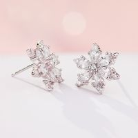 [COD] Small fresh six petal earrings womens claw inlaid zircon cupronickel platinum plated fashionable temperament