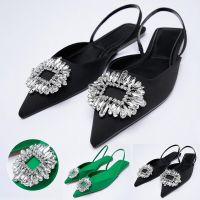 HOT14★ใหม่2022ฤดูใบไม้ผลิฤดูใบไม้ร่วงแนวโน้มแฟชั่น Rhinestone รองเท้าแต่งงาน Elegant Mules Fairy Pointed Toe Flat Chunky รองเท้าส้นสูงรองเท้าแตะ