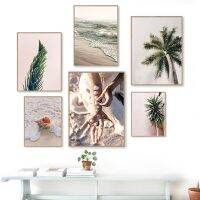 Nordic Seashell และ Palm Tree Art ผ้าใบพิมพ์สำหรับ Calming Beach Seascape Vibe ในห้องนั่งเล่นของคุณ