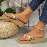 Womens Beach Flip Flops with Wedge Heel and Anti-Slip Texture