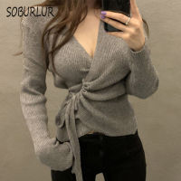 SOBURLUR  Autumn Sweater Womens Blouses Knitted Ribbed Pullover Sweater Long Sleeve Slim Cardigan Soft Warm Femme Crop Top