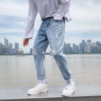 【shengwofu.TH Spot Jeans Mens Ripped Spring Korean Style Trendy Beggar Straight Loose Cropped Light Color Casual All-Matching Pants Men