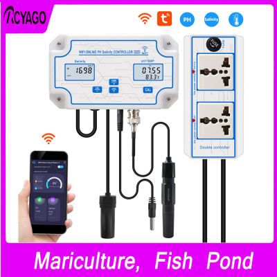 RCYAGO ความแม่นยำสูง WIFI PH และเกลือและ Temp Monitor 0 ~ 199.9ppt เครื่องวัดความเค็มดิจิตอล Salinometer ชุดทดสอบน้ำเค็มสำหรับ Mariculture,บ่อปลา,ก้อยบ่อ,พิพิธภัณฑ์สัตว์น้ำ