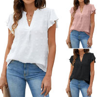 【cw】 Cross-Border European and American Womens Clothing 2022 Summer New Ladies V Collar Chiffon Ruffled Shirt Short Sleeve Top ！