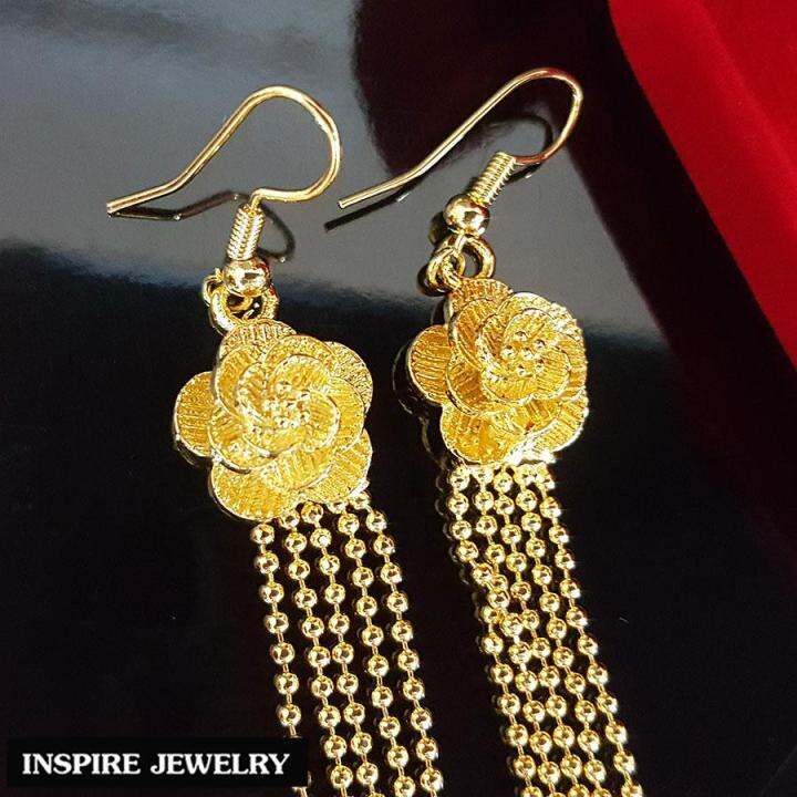 inspire-jewelry-ต่างหูทอง-รูปดอกไม้-แบบตุ้งติ้ง-งานร้านทอง-ปราณีต-หุ้มทองแท้-24k-ขนาด-1-5-x-6-cm-สวยหรู-พร้อมถุงกำมะหยี่