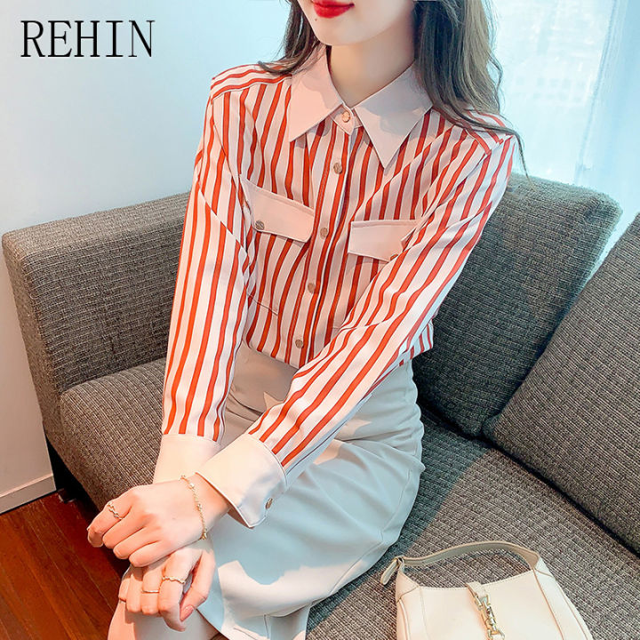 rehin-เสื้อผู้หญิงแขนยาวลายทางย้อนยุคฝรั่งเศส-เสื้อชีฟองแฟชั่นคอปกสีหลวมและบาง